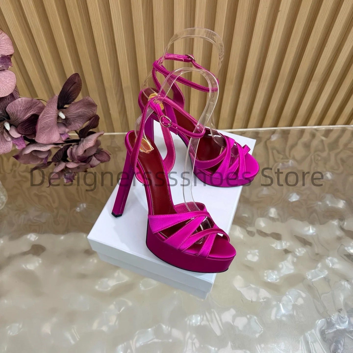 2026 Summer Peep Toe Platform High Heel Sandals Silk Upper Crystal Ankle Strap Leather Outsole Sizes 35-42