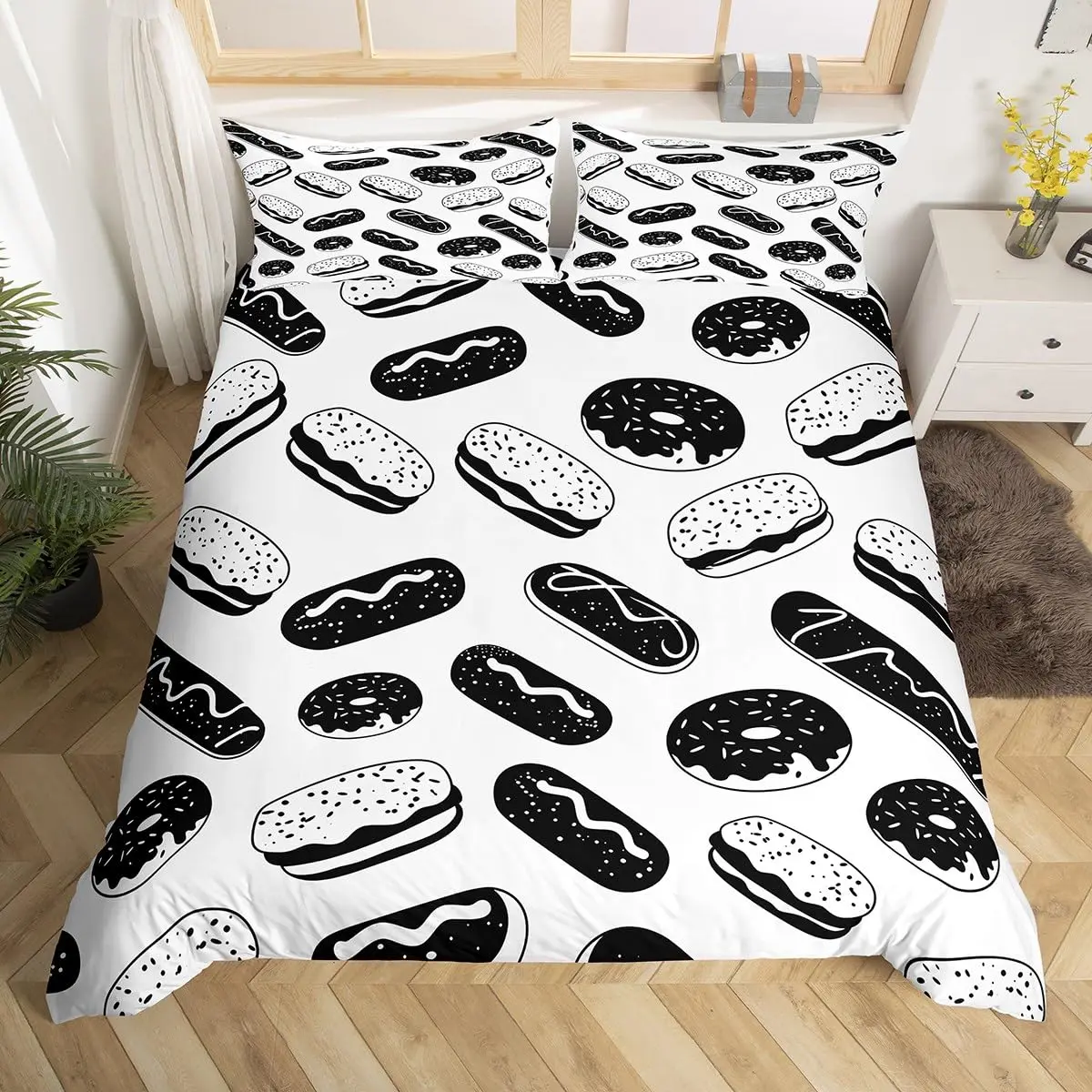 Donuts Bedding Duvet Cover Chocolate Doughnut Bedding Set Black White Comforter Cover Microfiber Whimsical Dessert Quilt Cover