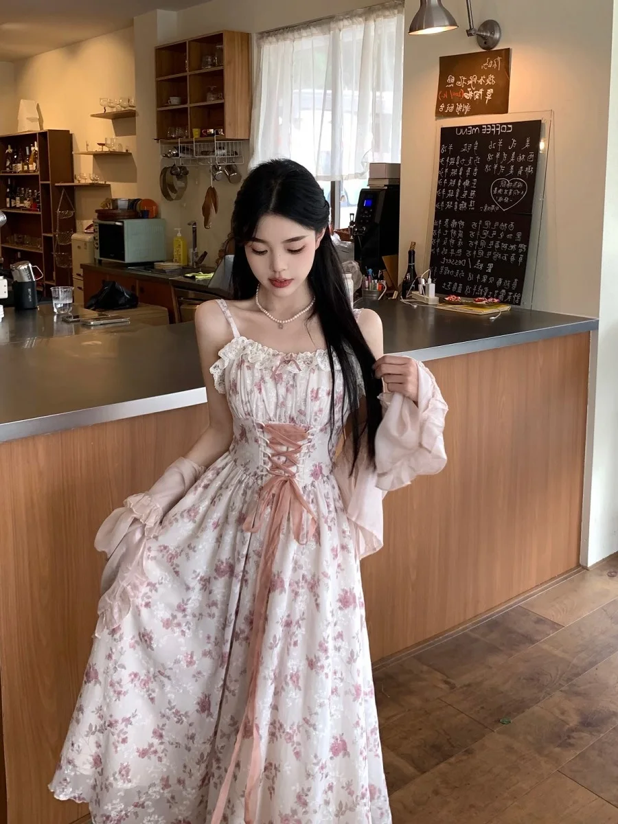 

Plus Size Sweet Floral Print Belted Maxi Dr Women's Spring Summer A-Line Skirt Sle Korean Sle Commute Bubble Sve ort Sve