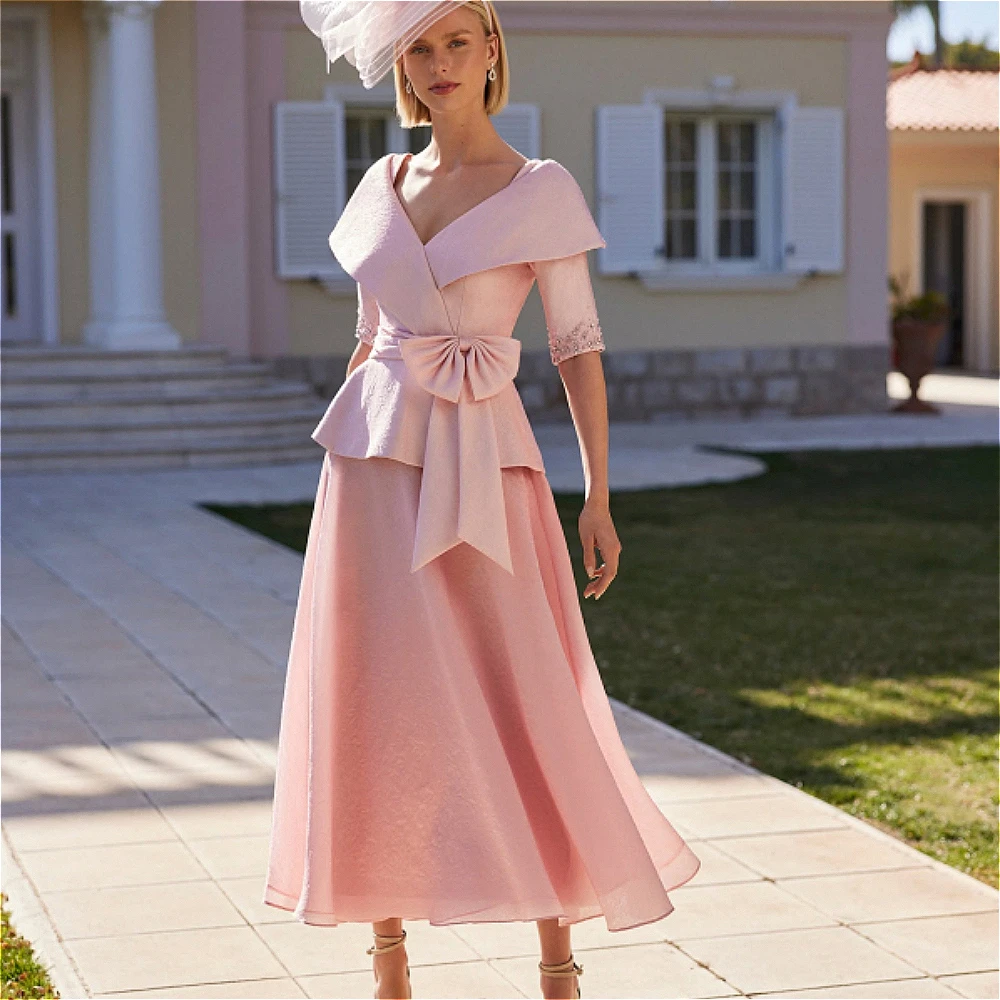 Customized Blush Pink Fold V Neck 3/4 Mother Of Bride Dress Lace Cuff Big Bow Two Piece Midi Dress Formal Wedding Occasion Gown