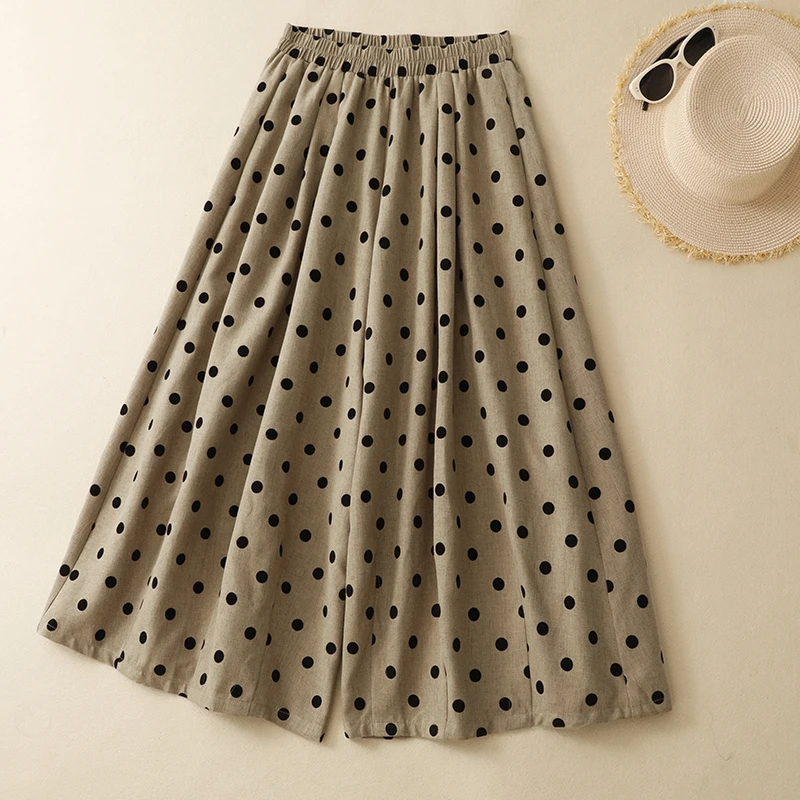 High Waist Floral Print Khaki Wide Leg Skirt Pants Retro Artistic Large Size High End Feeling Commute Style Cotton Material