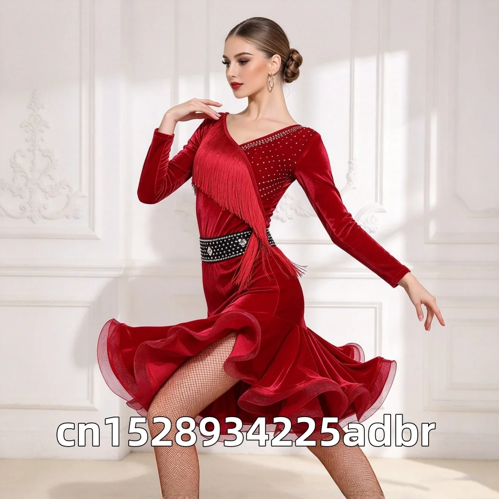 Adult Women's Latin Dance Tassels Dresses Long Sleeves Velvet Competition Costume Rumba Samba Tango Dance Training Dress