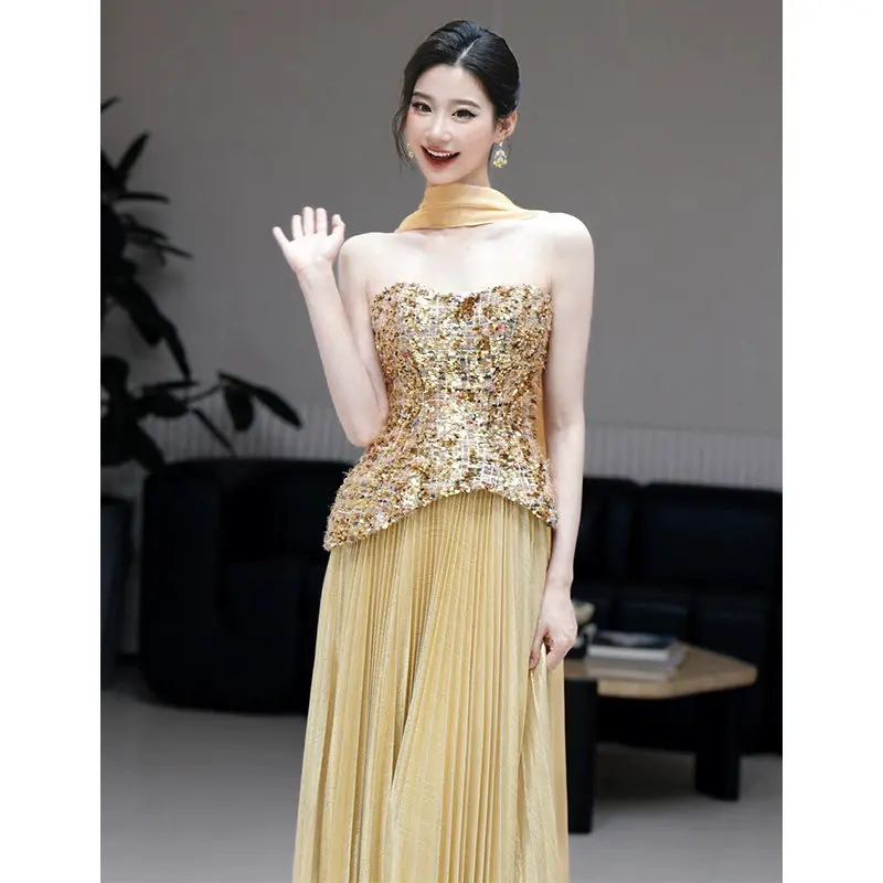 

Golden Tube Top Evening Dress 2026 New Long Dress Women's High-Grade Elegant Slim-Fit Toast Dress Gorgeous Style Dress
