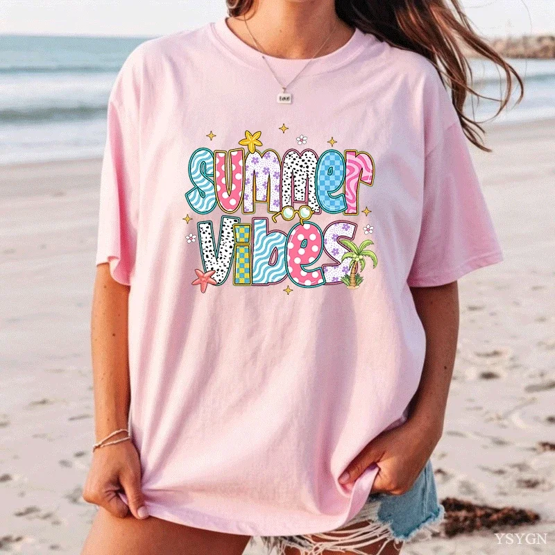Vacation Outfit Women Color Matching Multi-Texture Letters Vitality Printed Women's Top Casual Vacation Style Round Neck T-Shirt