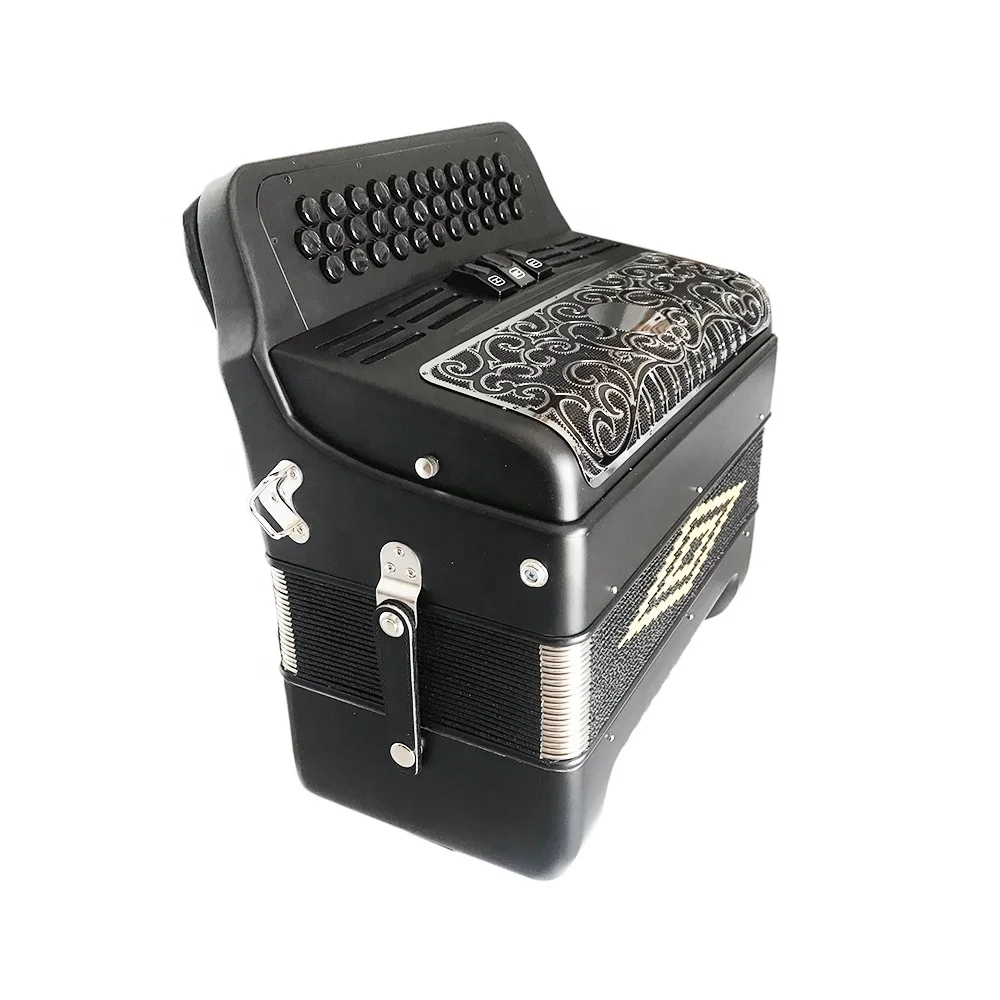Professional 34-Button 12-Bass 3-Registers Acrodeon JB3412C Matt Black Accordion Instrument with Black Silver Grill and Buttons