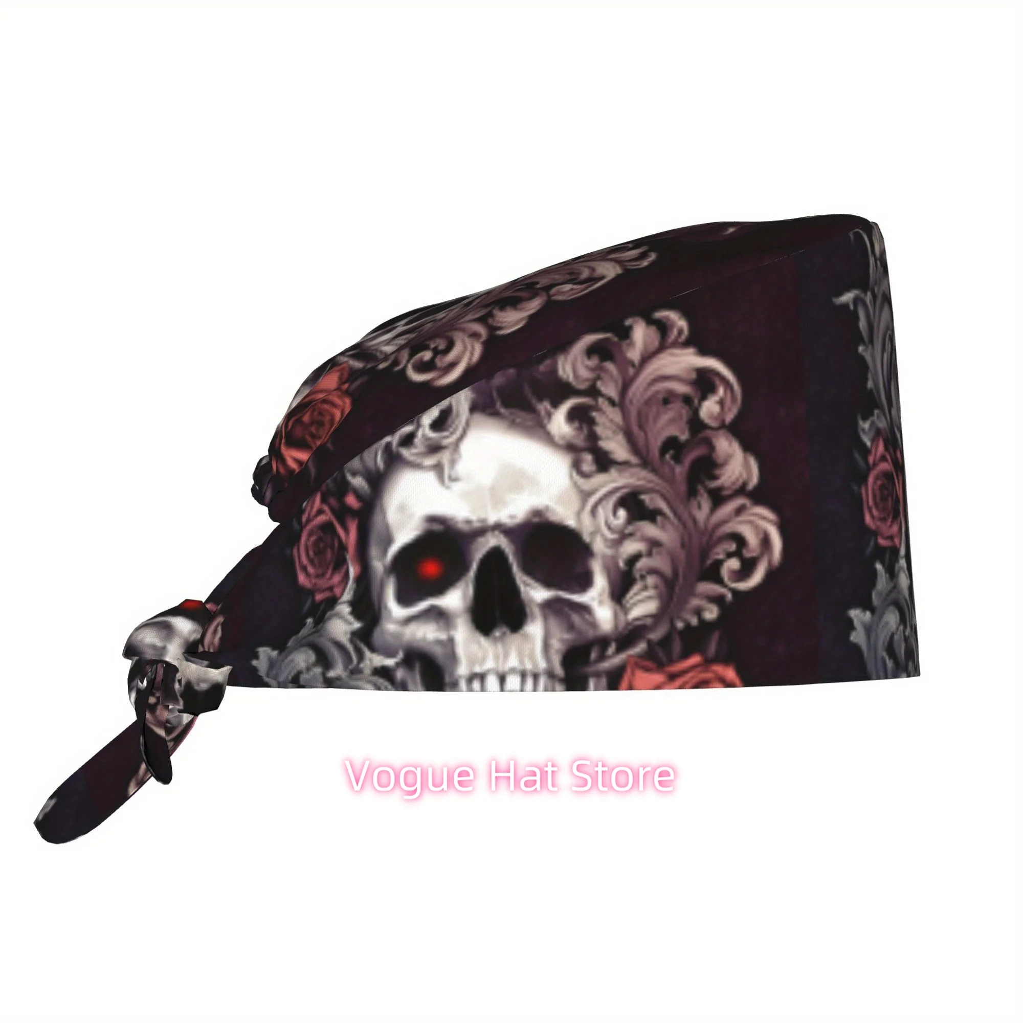 1pc Gothic Skull Print Adjustable Work Cap - Lightweight, Dustproof Unisex Chef & Nurse Hat with Tie-Back Design for Halloween,