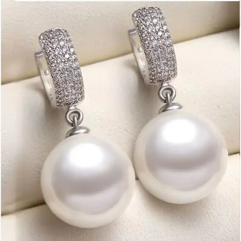 

Pair of 11-13mm White Round Pearl Dangle Earrings Free Shipping for Women Simple Wedding Party Jewelry Stud 925 Sterling Silver