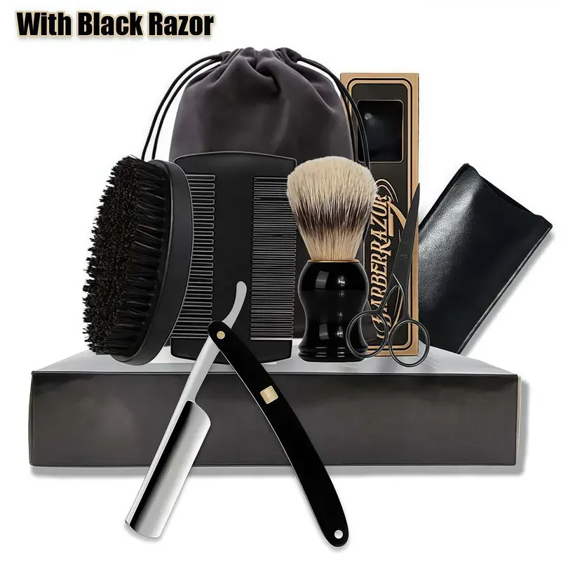 professional-men's-straight-edge-razor-shaving-kit-natural-ebony-handle-beard-shaving-brush-comb-scissors-with-storage-bag