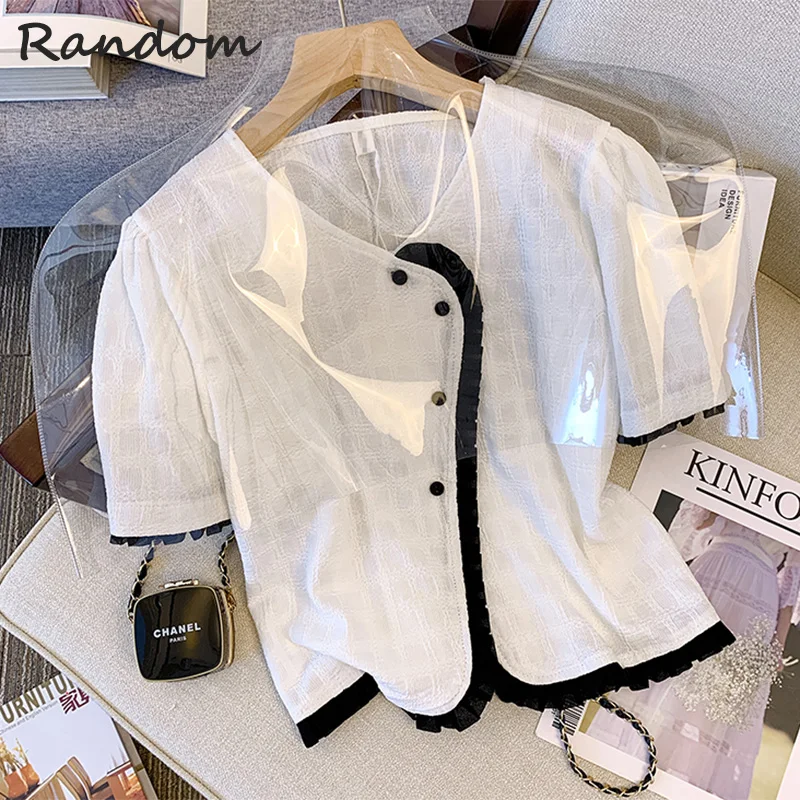 2022 New Summer vintage button-up Ruff Shirt White Green Top Short Sleeve Women's Ladies Clothing Female Fashion Office Workwear