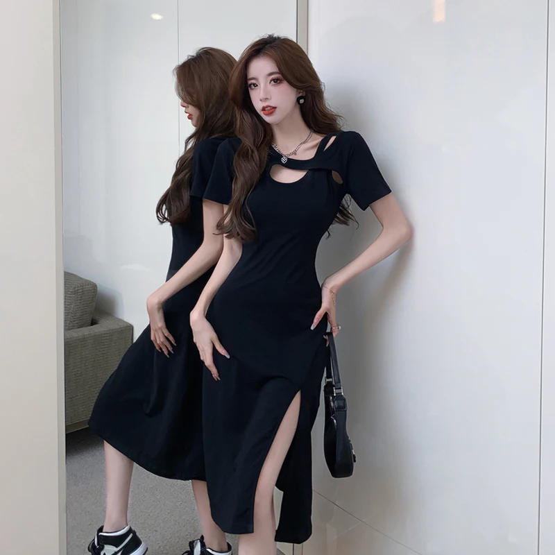 2026 New Sexy Hollow out Slimming Mid-Length Split Dress Hong Kong Flavor Internet Celebrity Hot Girl City Walk Summer Dress