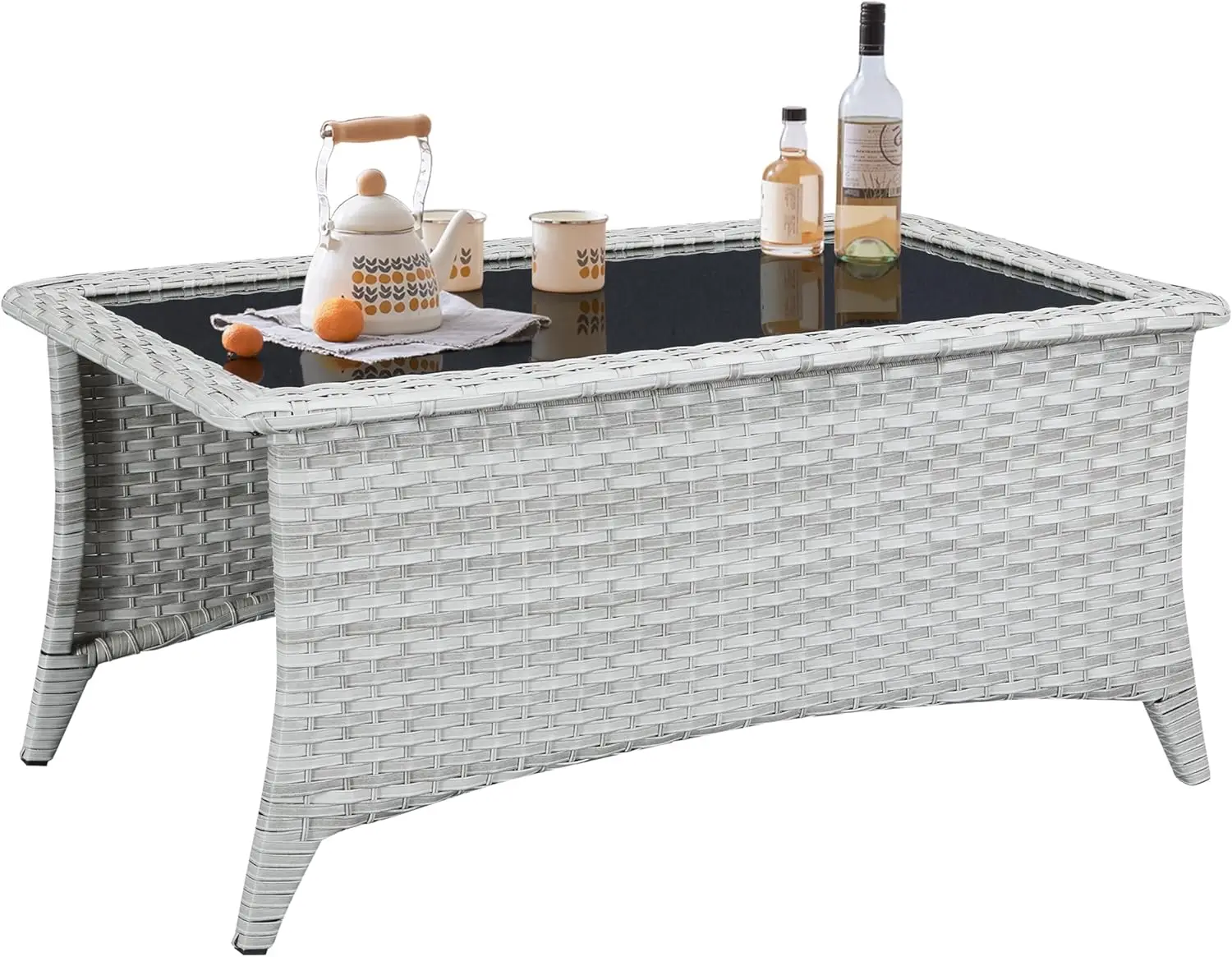 

Outdoor Coffee Table with Tempered Glass Top, Patio Rectangular Light Grey Wicker Table, Handwoven Rattan Coffee Table Compatibl