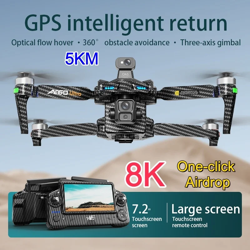 7.2in Touch Screen Remote Control Drone GPS Brushless 8K ESC Dual Camera 3-Axis Gimbal 360 Obstacle Avoidance 5G WiFi Quadcopter