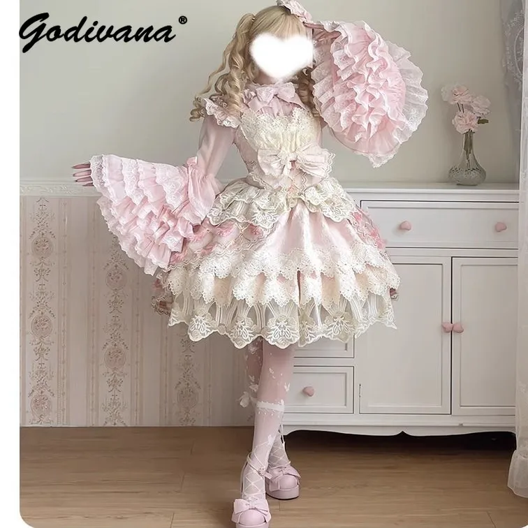 Sweet Girls Lolita Ji Sleeve Blouse New Spring and Autumn Lace Stitching Stand Collar Bow Flare Sleeve Pink Shirt Tops for Women