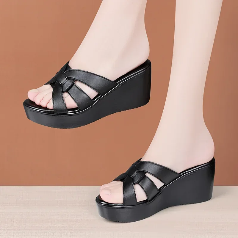 6cm Small Size 32-43 Soft Leather Slides Summer Wedges Shoes 2024 Med Heels Platform Slippers Women for Office Mom Beach