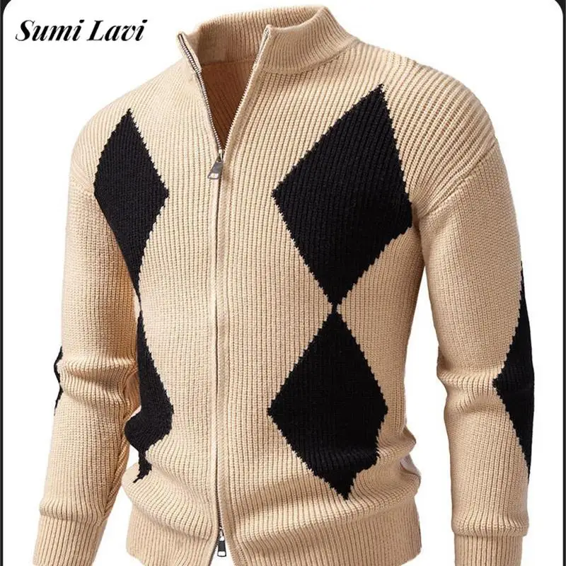 Daily Casual Knit Coats Mens Trendy Contrast Color Zipper Long Sleeve Cardigan Men 2026 Autumn Breathable Sweater Outerwear