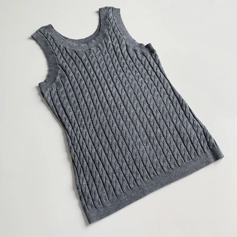 European and American Niche New Product Twist Knit Vest Full Wool Stretch Thin Knit Tank Top Women