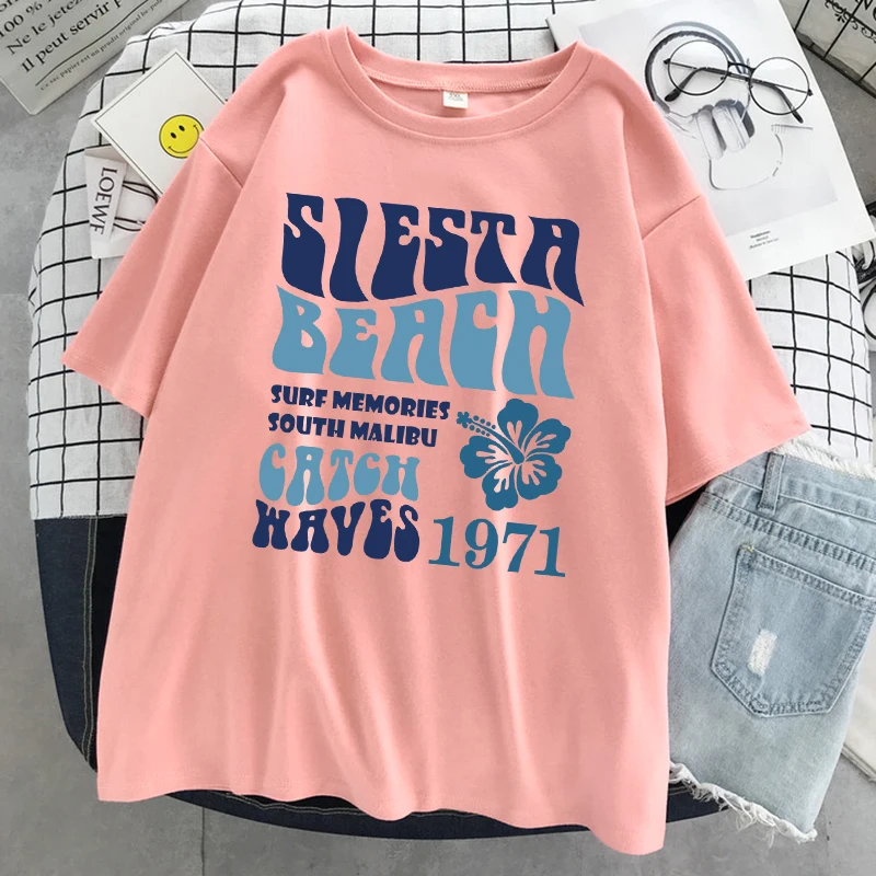 Siesta Beach Catch Waves 1971 Print Tshirt Women Casual Breathable Short Sleeve Cotton Oversize Clothes Street Loose T-Shirt