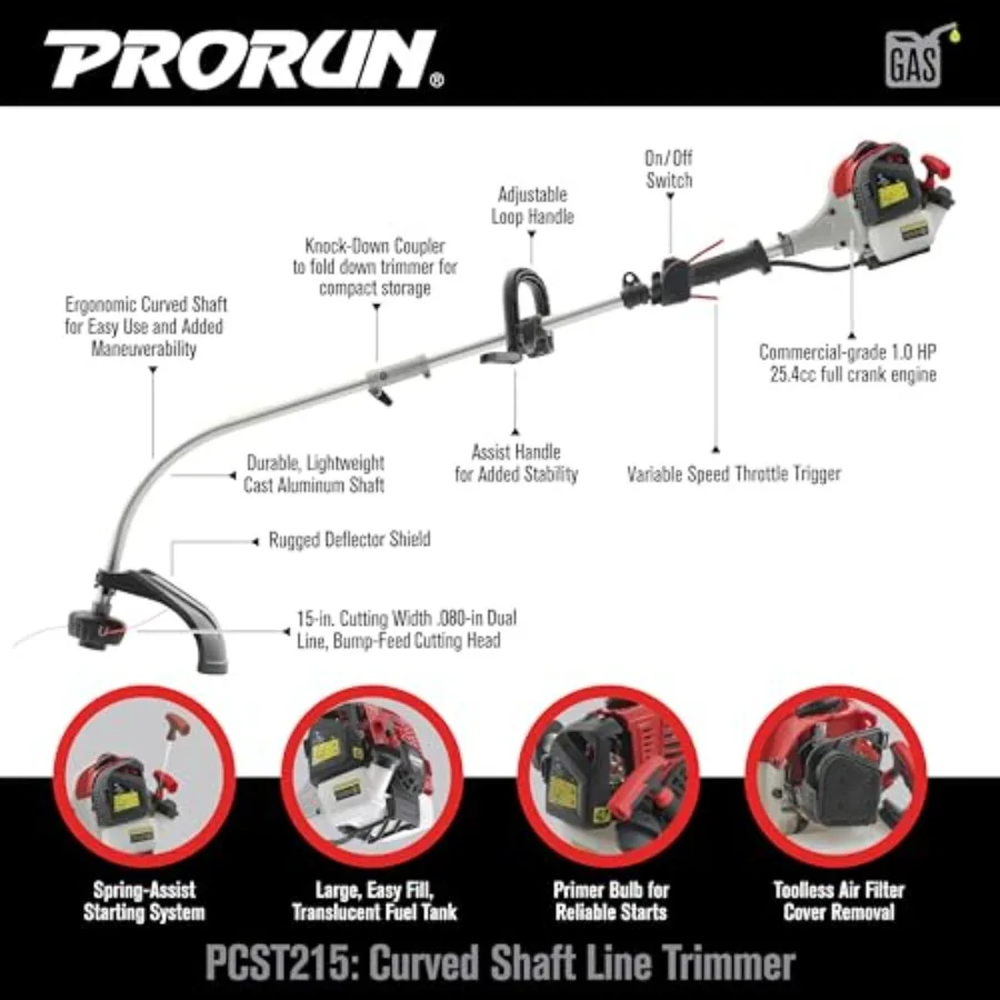 25.4cc 15 بوصة. ماكينة تشذيب العمود المنحنية بدورتين تعمل بالغاز لصيانة فعالة في الحديقة والحديقة مع تصميم خفيف الوزن وسهل الاستخدام