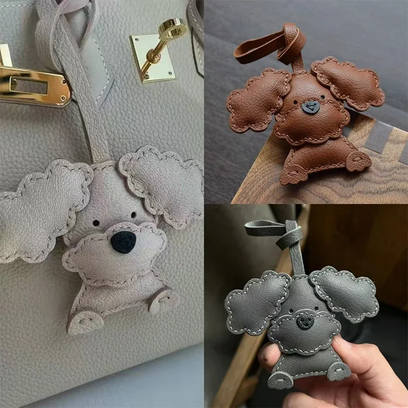 Teddy Dog Genuine Leather Handmade Bag Charm Pendant,Keychain Hanging Ornament,Handbag Purse Exquisite Decor,Keyring Accessories