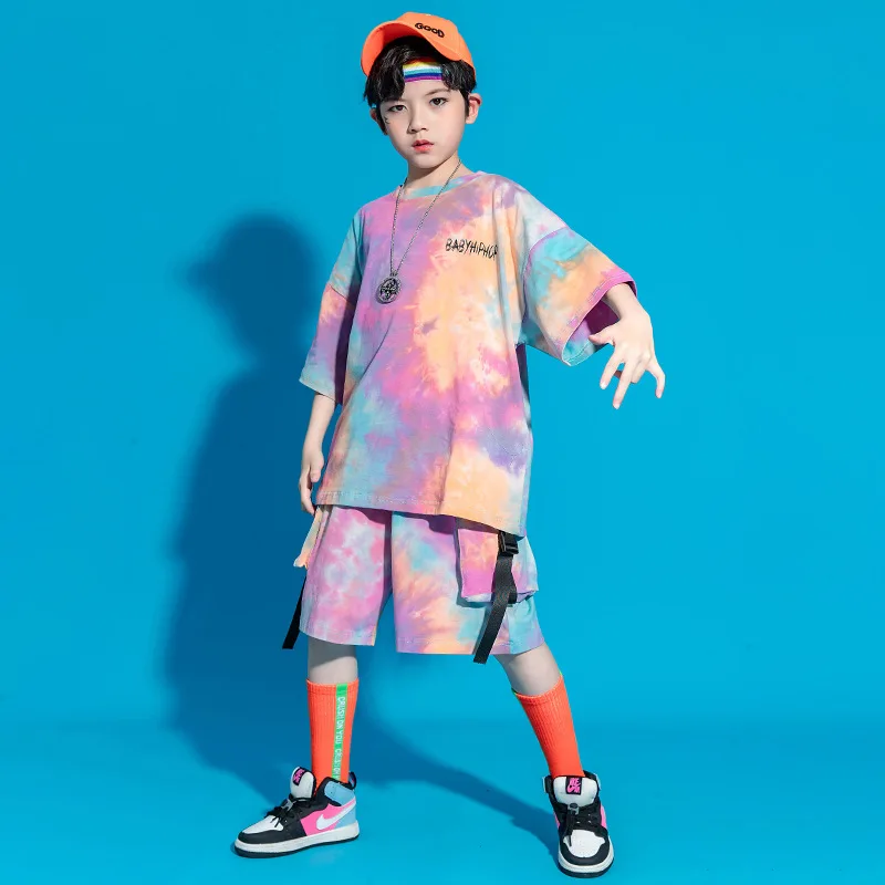 Kid Kpop Outfit Roupas para Menina Menino Gráfico Tee Tie Dye Oversized T Shirt Top Streetwear Carga Shorts Hip Hop Stage Costume