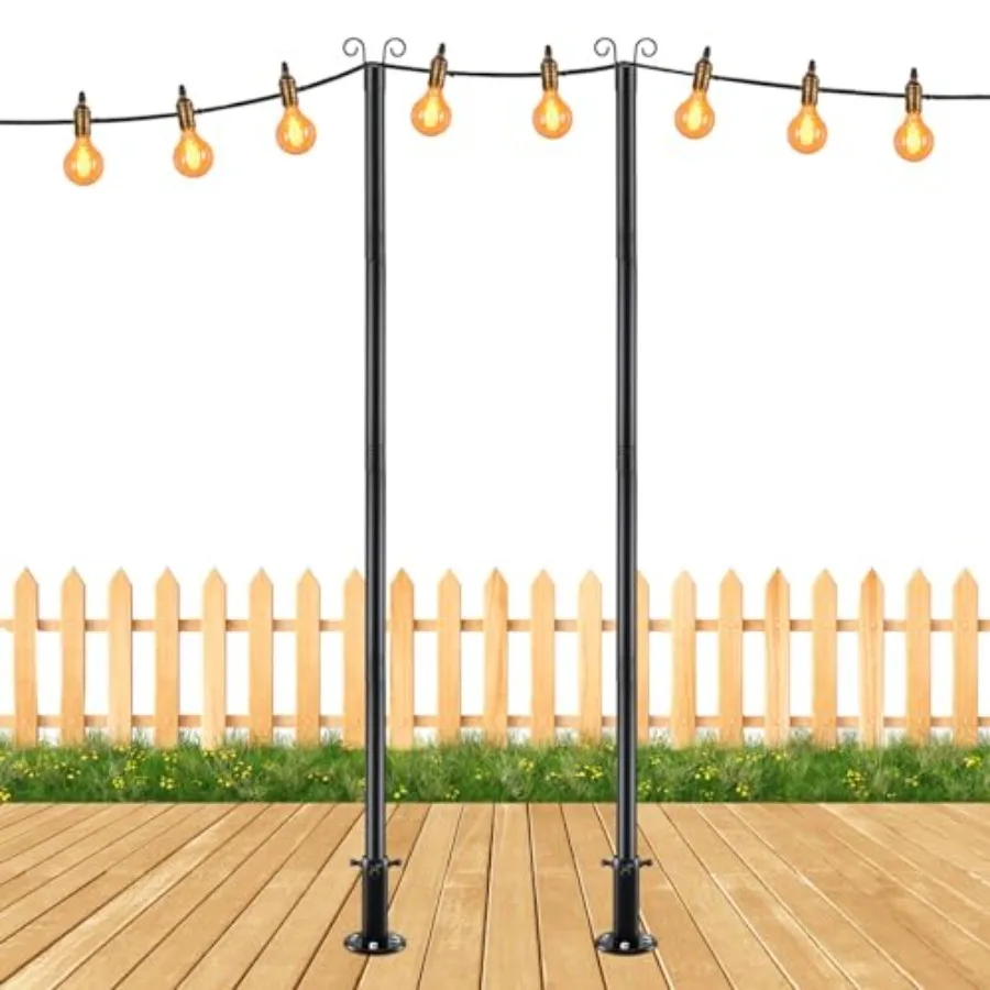 

String Light Poles for Ground 8Feet Heavy Duty Adjustable Metal Poles for Outdoor String Light Hanging with Flange Base Backyar