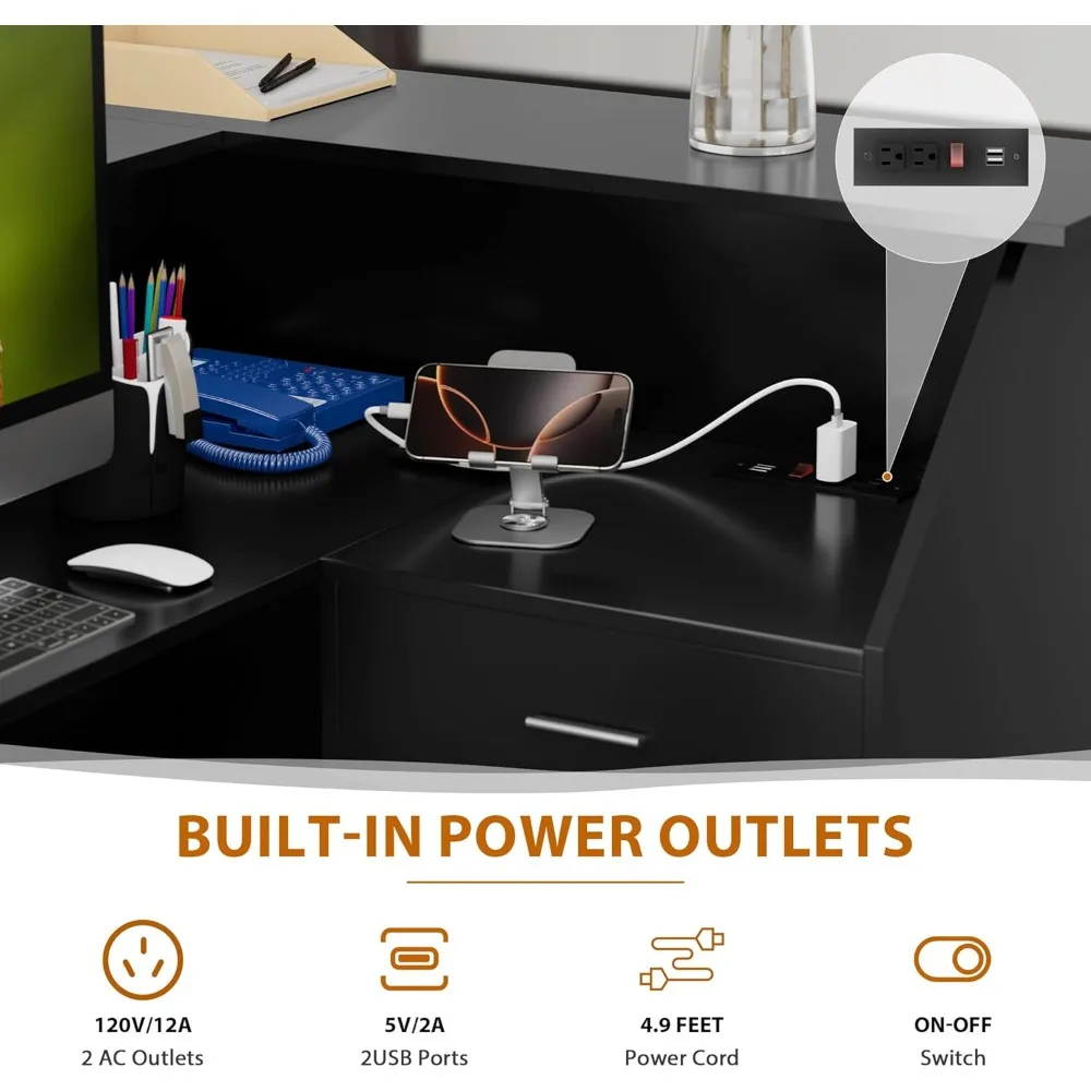 مكتب استقبال مع أرفف تخزين ودرج، مكتب أمامي حديث على شكل حرف L مع مخرج طاقة، طاولة طاولة استقبال للشيكو #4