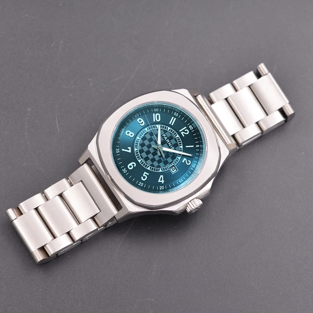 2024 luksusowy Parnis 42MM niebieska tarcza mechaniczny automatyczny zegarek męski szafirowe szkło kalendarz męski zegarek na rękę relogios masculino prezent