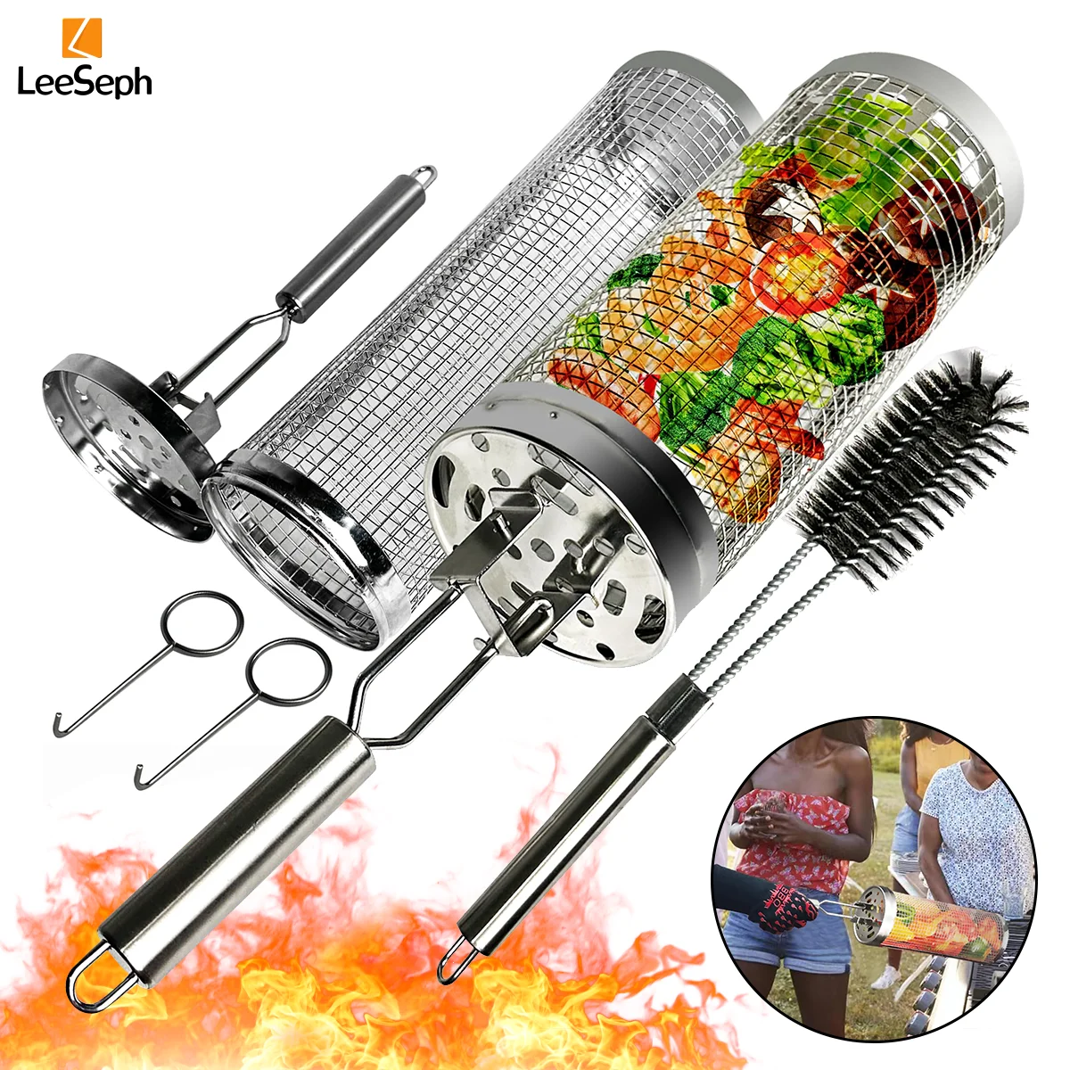 Leeseph Roll-Grillkörbe und sauberes Drahtbürsten-Set, Grillkorb für den Außenbereich, tragbarer rollender Grillkorb