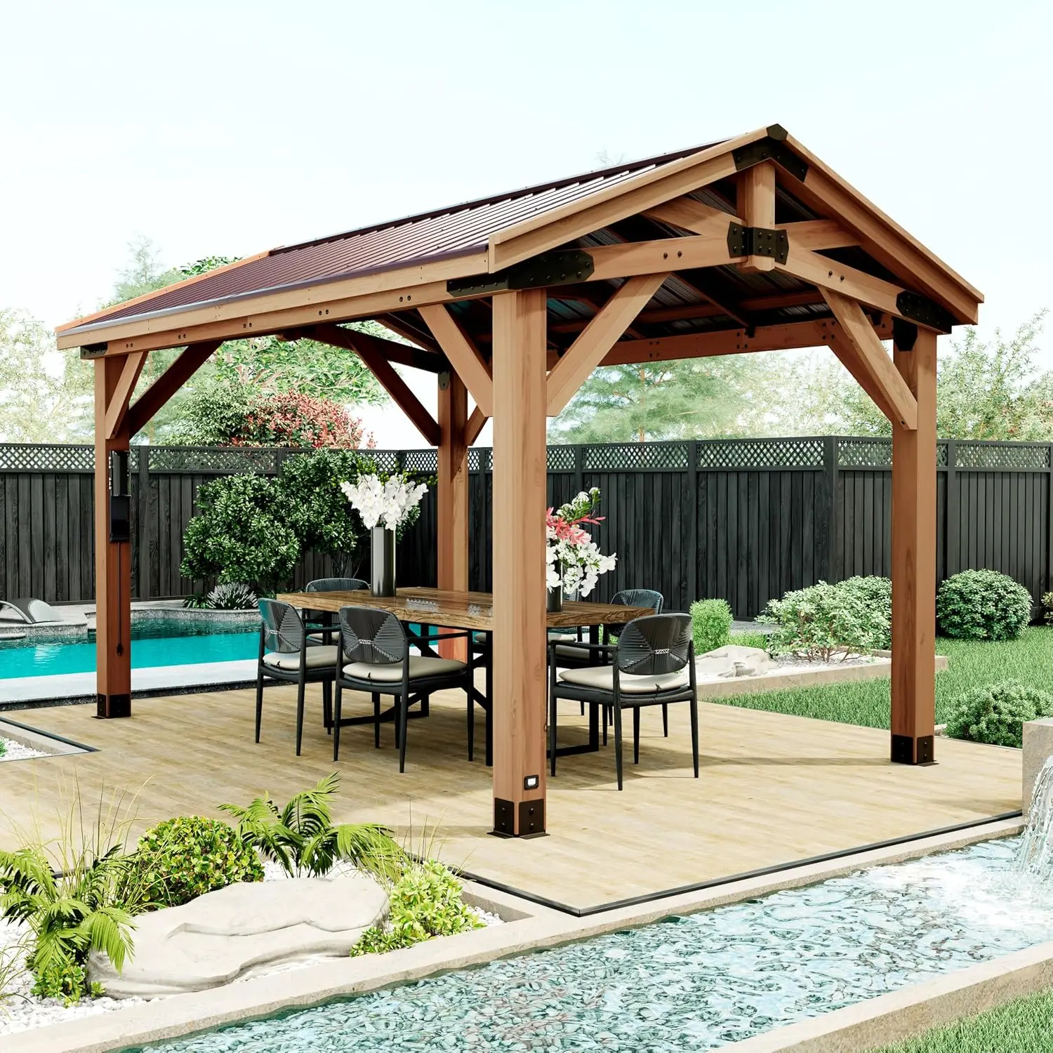 Backyard Discovery Norwood 14' x 10' Cedar Wood Outdoor Gazebo Pavilion with Hardtop Galvanized Steel Peak Roof, Snow Support, W