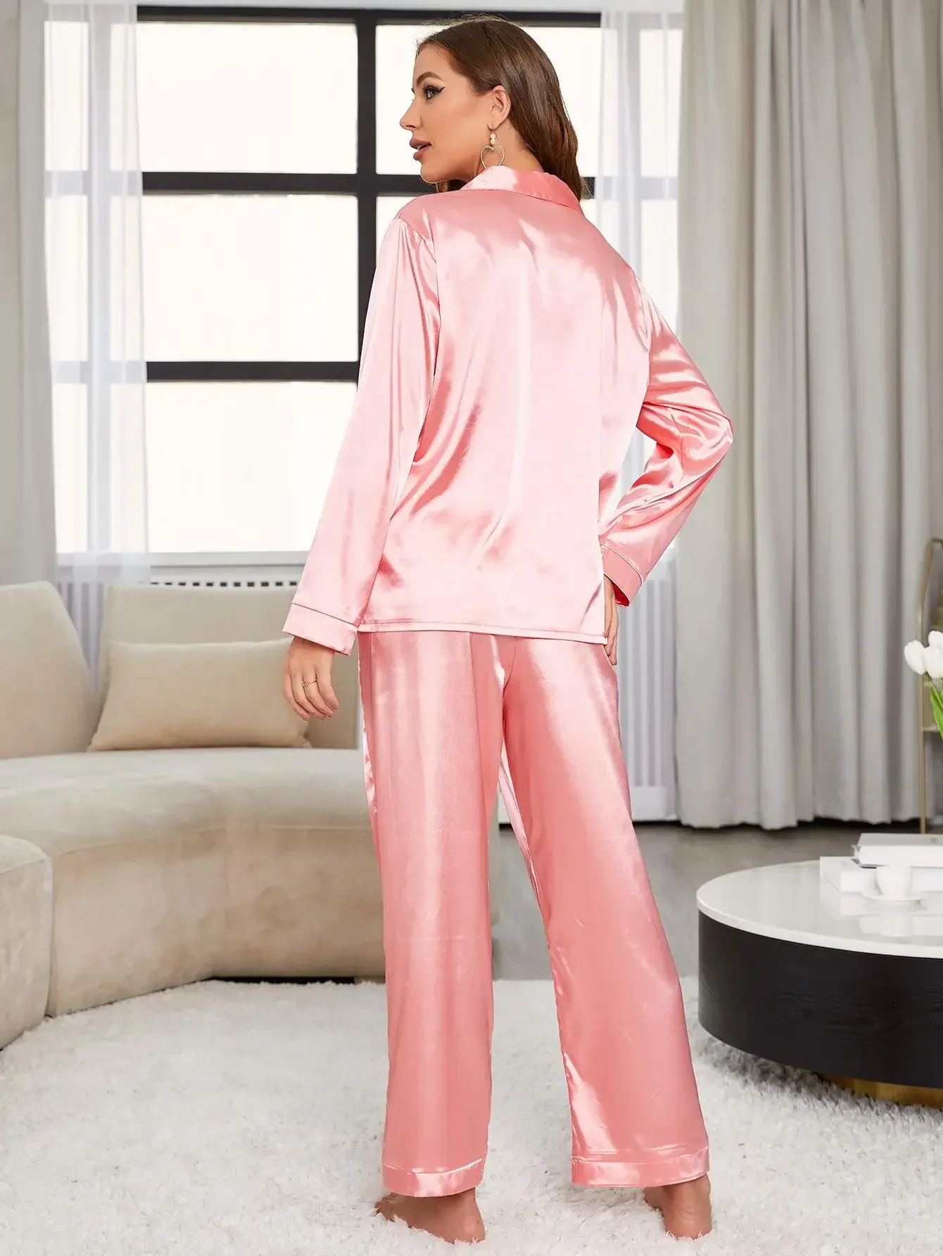 Silk Satin Women Pajama Set Long Sleeve Front Button Top & Wide Leg Pants Sleepwear 2 Pieces Female Nightwear Homewear Cloth