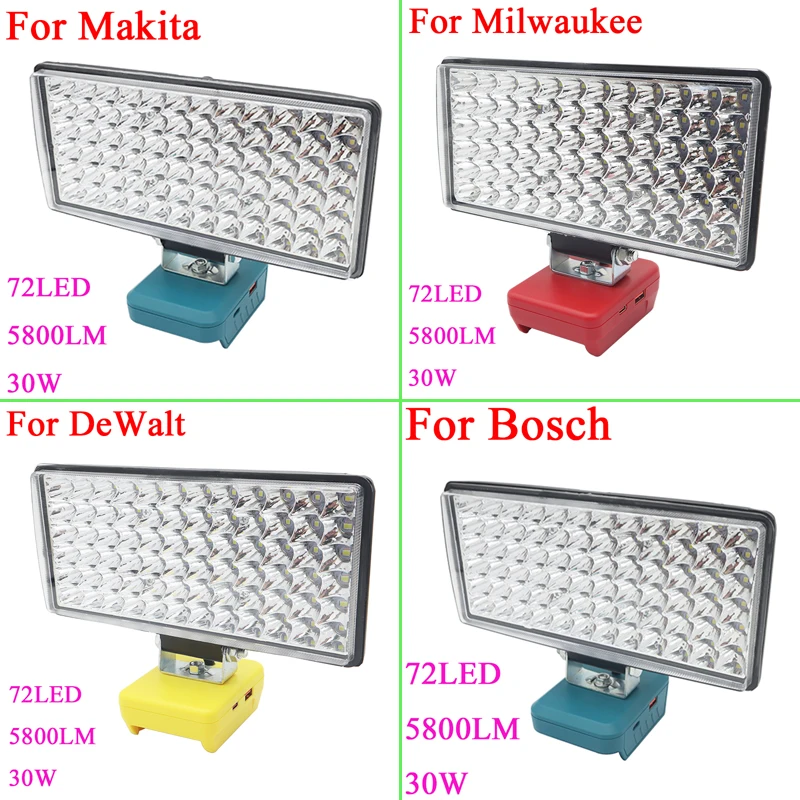 

72 LEDs Work Light Flashlight Torch Type C USB Power Bank For Makita For DeWalt For Bosch For Milwaukee 18V 20V Li-ion Battery