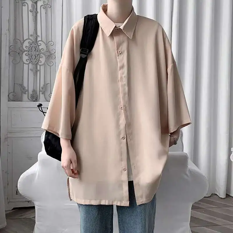 Summer Short Sleeved Shirt Men Fashion Society Mens Black Dress Shirt Korean Loose Ice Silk Shirts Mens Oversized White Shirt