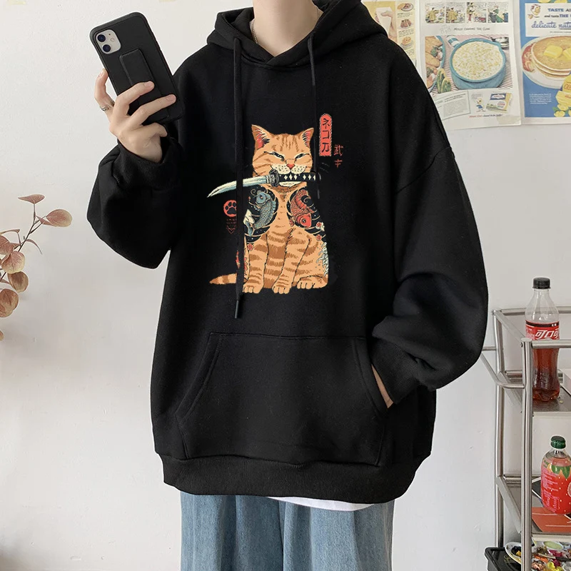 Cute Cat Fashion Hoodies Cool Print Hip Hop Sweatshirt Men New 2022 Autumn Fleece Streetwear Loose Harajuku Man Hooded Sudaderas