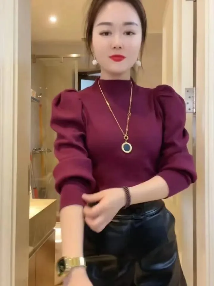 

Slim Fit Color Half High Collar Bubble Long Sleeve Base Shirt T Shirt Women's Summer New Style Inner Wear Commute Style