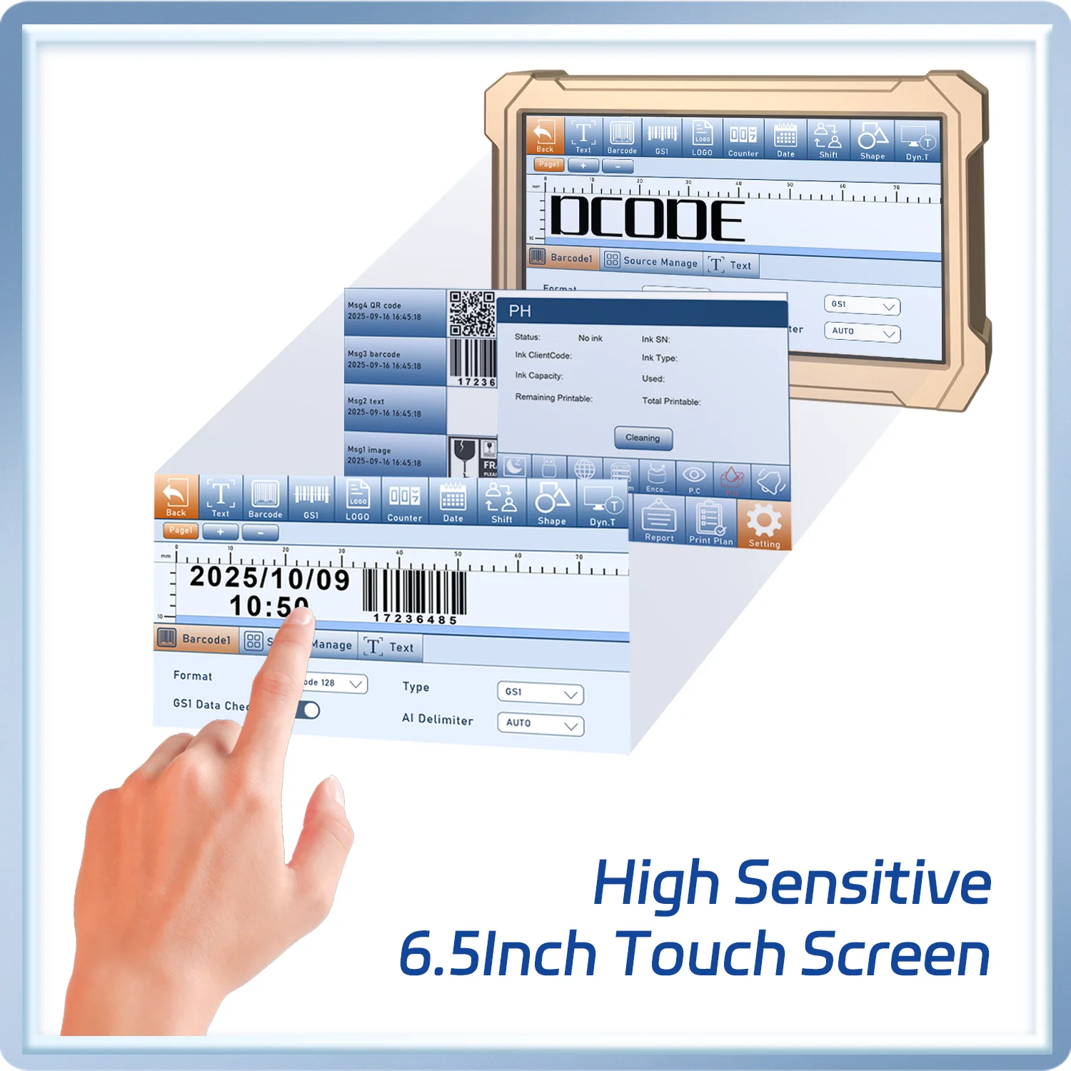 Dcode prx1000 impressora jato de tinta on-line, tela capacitiva de 6.5 polegadas, impressora jato de tinta térmica, texto, código de barras, data de validade, codificador de número de lote