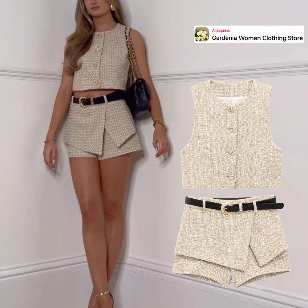 Fashion Women's Summer Shorts Set Elegant Chic Short Textured Waistcoat with Embossed Gold-tone Buttons + Belted Crossover Skort