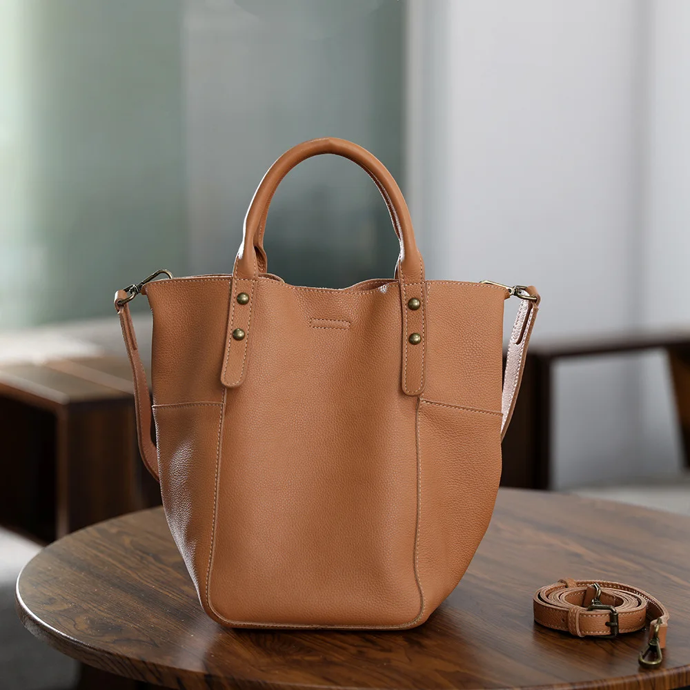 Handmade Vintage Top Layer Cowhide Bag Bucket Bag Leather Women's Hand Bill Shoulder Crossbody Bag Women's Purses And Handbags