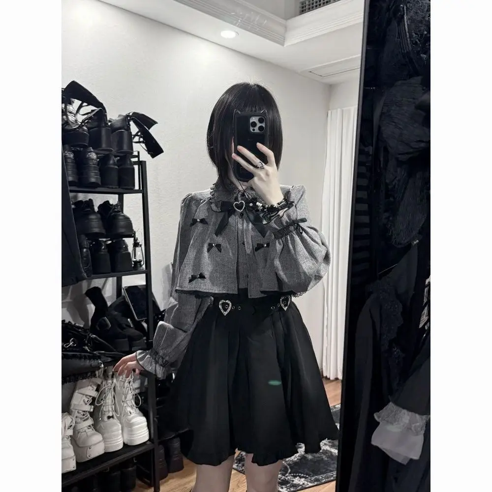 MAGOGO Japanese Lolita Skirt Sets Bow Grey Shirt+Mini Skirt Sweet Cute Girl Two Piece Set Women Outifits Spring Chic Y2k Clothes
