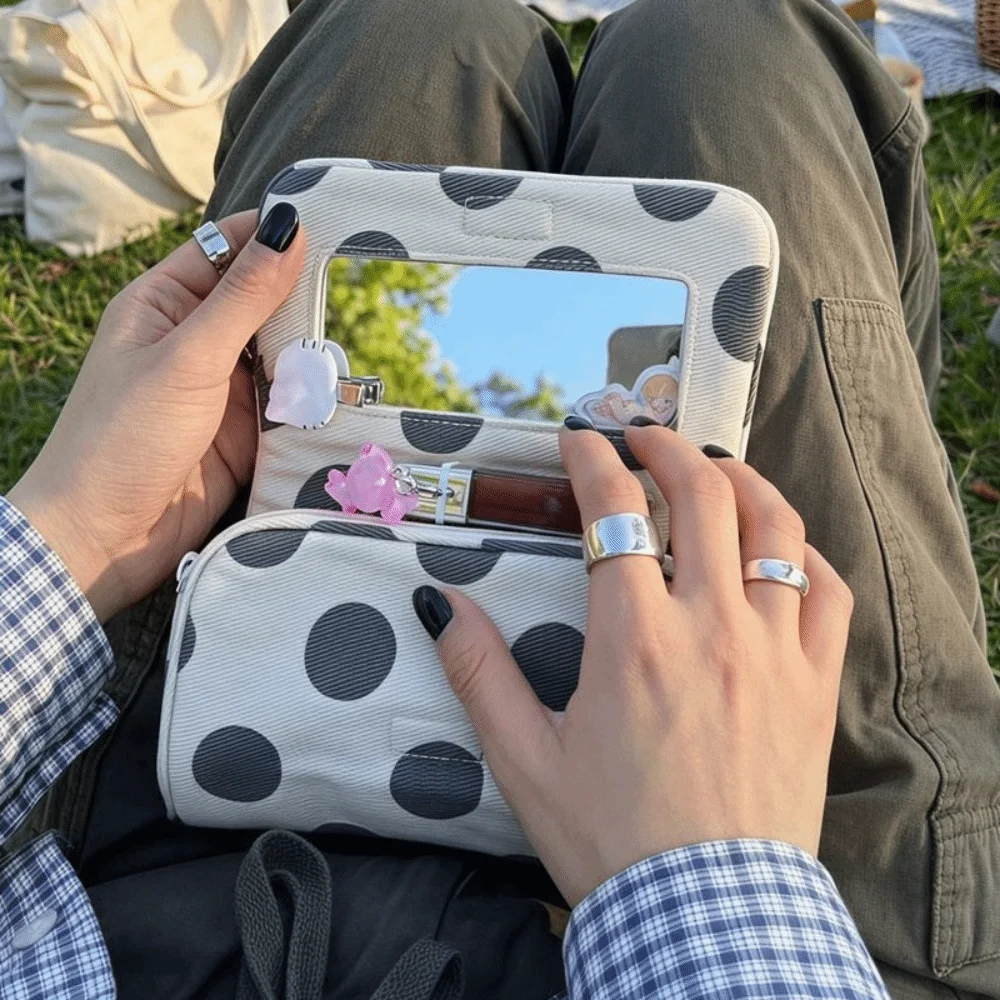 Portable Canvas Polka Dot Cosmetic Bag Stripe Large Capacity Small Item Bag Simple Multifunctional Canvas Makeup Bag Woman