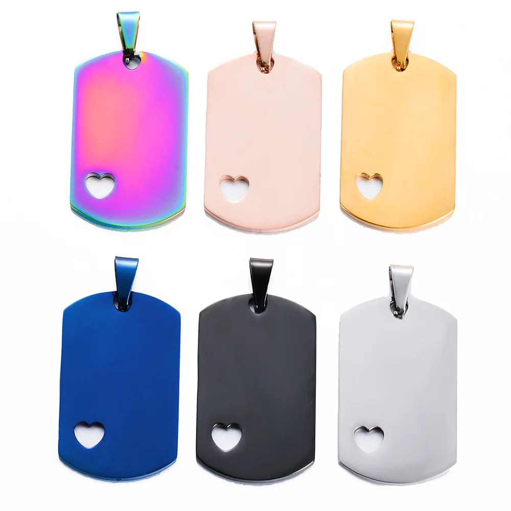 10pcs Stainless Steel Dogtags Blank with Heart For Engrave Mirror Polished Metal Military Plates Pendant 40x24mm