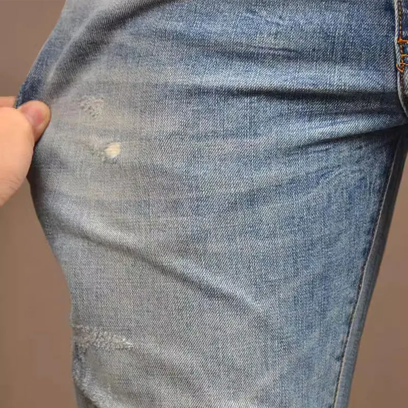 Streetwear Fashion Men Jeans Retro Light Blue Stretch Slim Fit Ripped Jeans Men Hole Patched Designer Hip Hop Denim Pants Hombre