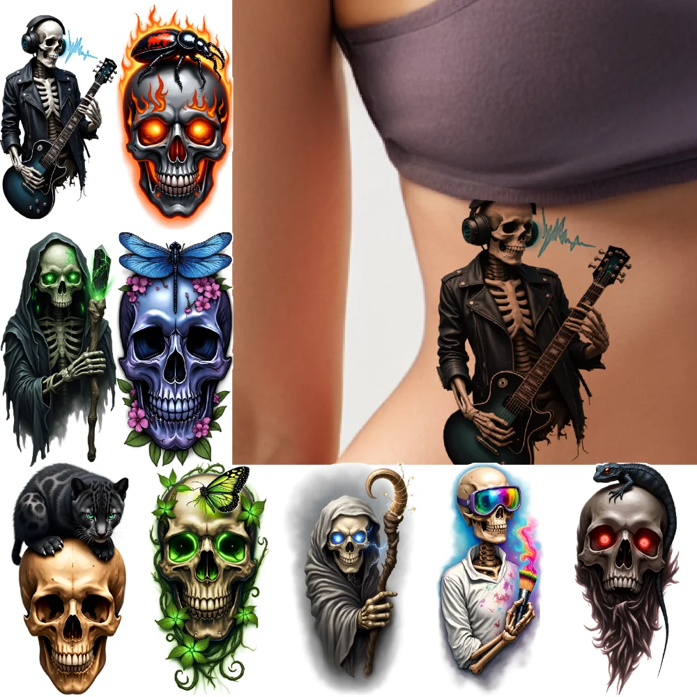

3pcs Temporary Tattoo Skeleton With Rainbow Smoke Realistic Temporary Tattoos Skull With Lizard Skeleton With Guitar For