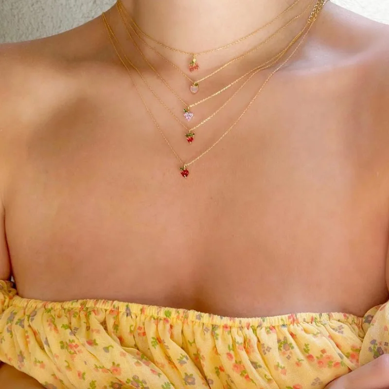 Y2K Ins Jewelry Zircon Colorful Apple Banana Lemon Cherry Watermelon Fruit Necklace For Women Girl Fruit Pendant Necklaces