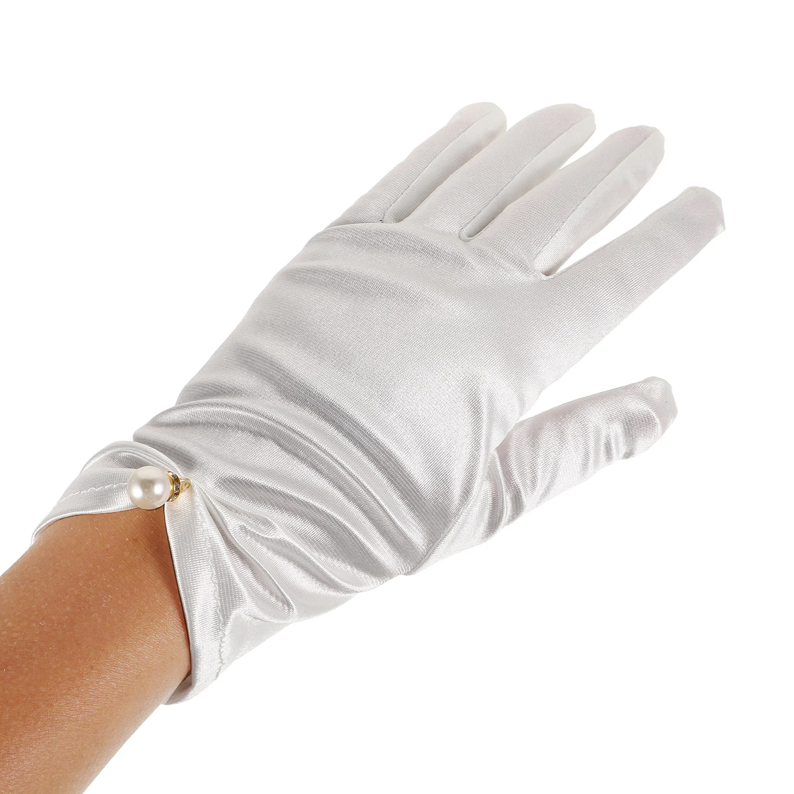 1 زوج قفازات الزفاف الدانتيل الأبيض قصيرة الساتان طول المعصم أنيقة القوس تصميم الزفاف التصوير الفوتوغرافي اللؤلؤ الديكور #4