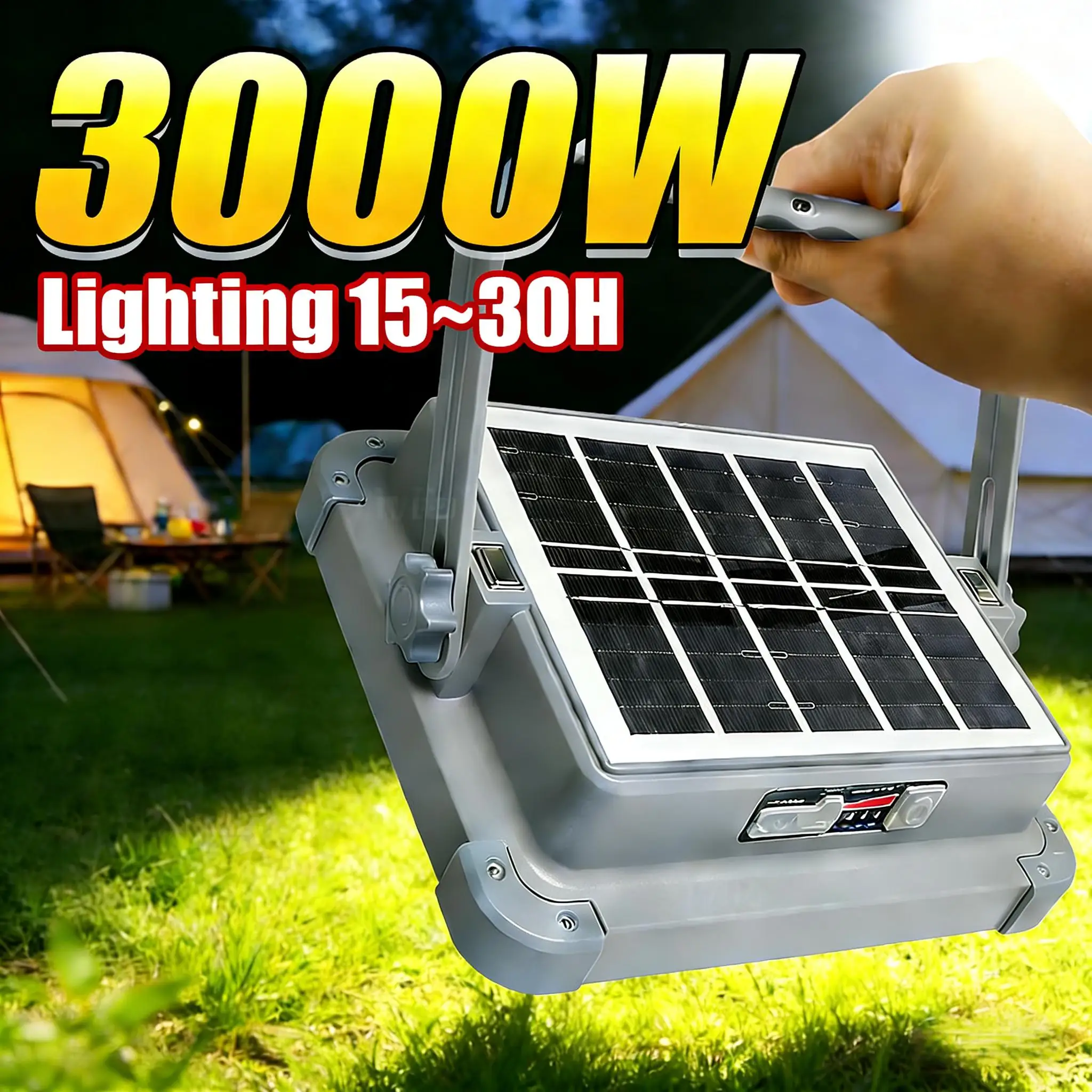 

3000 Вт НОВЫЙ Кемпинговый фонарь с солнечной зарядкой для палатки, лампа высокой мощности, аварийное освещение, 4800 мАч, внешний аккумулятор, портативный фонарь, рабочие фары