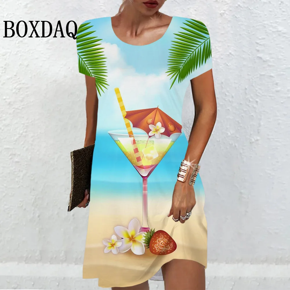 

Summer Casual Scenery Beach Vacation Dresses Women Leisure Fashion Fruit Print Mini Dress Short Sleeve O-Neck Ladies New Dress