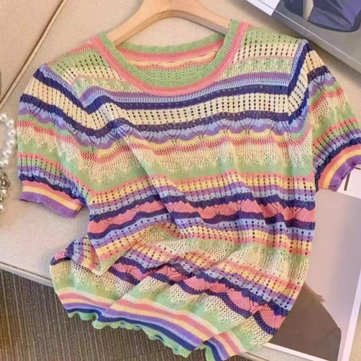 Rainbow Striped New 2025 Color Block Crew Neck Knitted Top Casual Short Sleeve Spring Summer Women Hollow Out Cropped Sweater