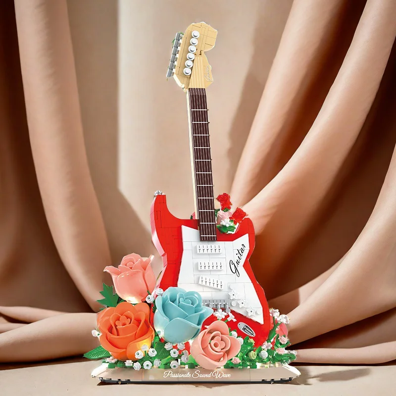 Large Quantity, High Difficulty Level, 3D Creative Guitar and Bouquet Building Block Ornaments with Lights, DIY Decorative Art, Adult Collectible Gifts, Birthday Gifts, New Year Gifts, Easter Gifts, Valentine's Day Gifts, Eid Gifts, Living Room, Bedroom, Office Desktop Decoration Ornaments
