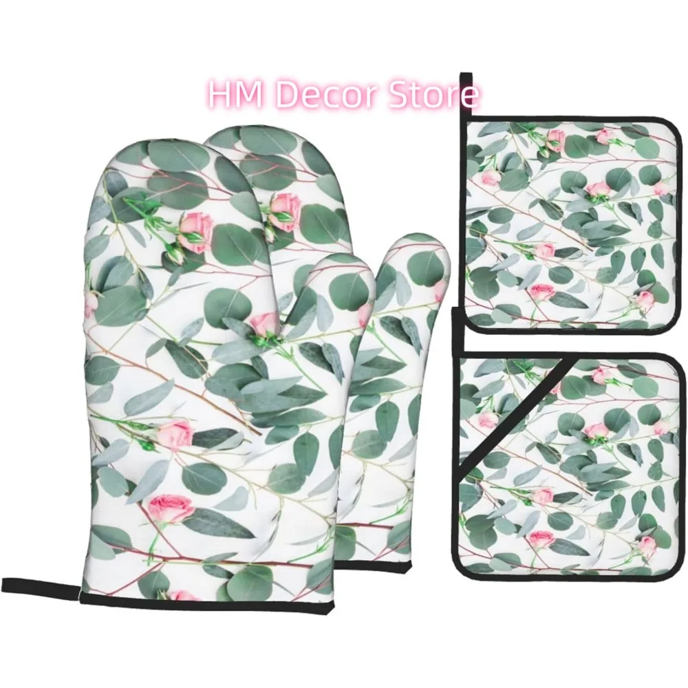Pink Rose Eucalyptus Leaves Oven Mitts and Pot Holders Sets of 4, Country Cute Style Cooking Gloves Non-Slip Heat Resistant Poly