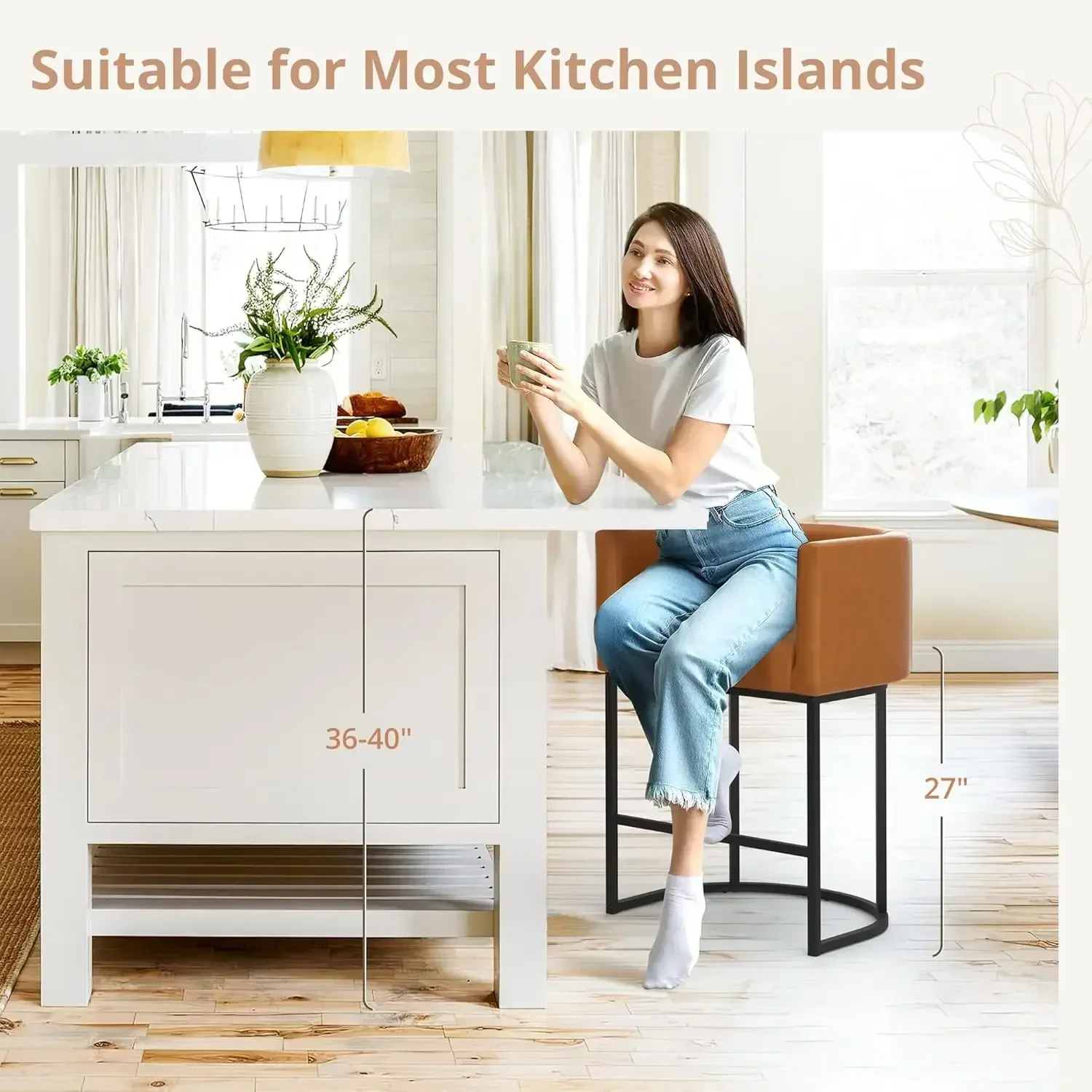 27" H Counter Height Bar Stools Set of 3, Modern Barrel Counter Stools , Barstools for Kitchen Island,Yellowish Brown